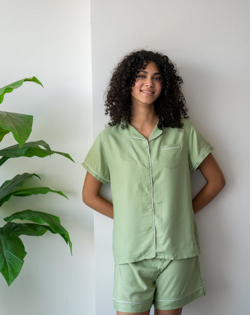 Women Summer Pajama Set Mint Buttoned Shirt + Shorts